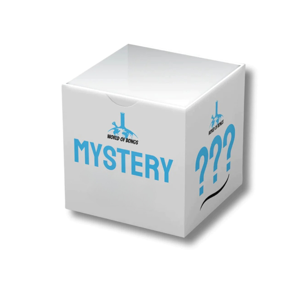 White cube box with the text 'Mystery' Dab Rig and the World of Bongs logo, indicating a surprise product inside.