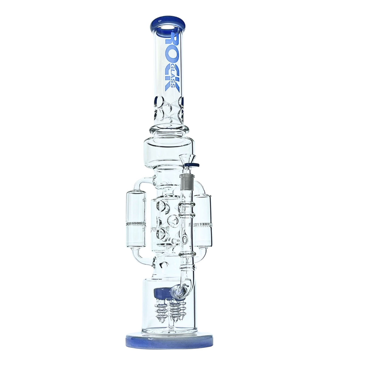 Clear glass multi percolation system water pipe with blue accents on a white background