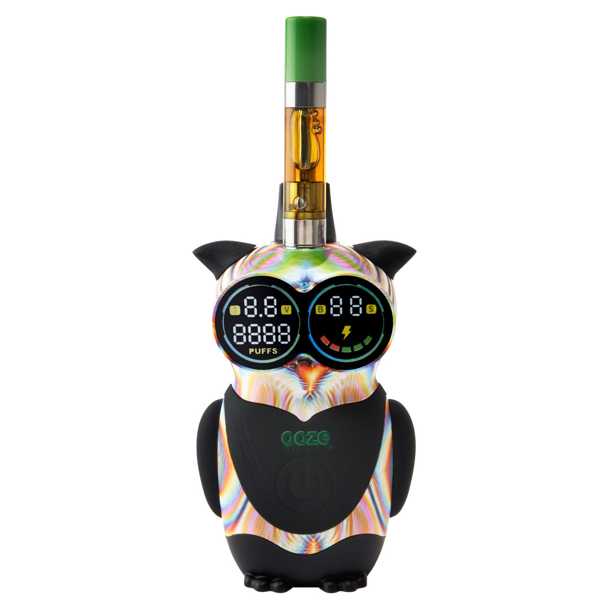 Vape cart battery shaped like an owl with digital display on a white background
