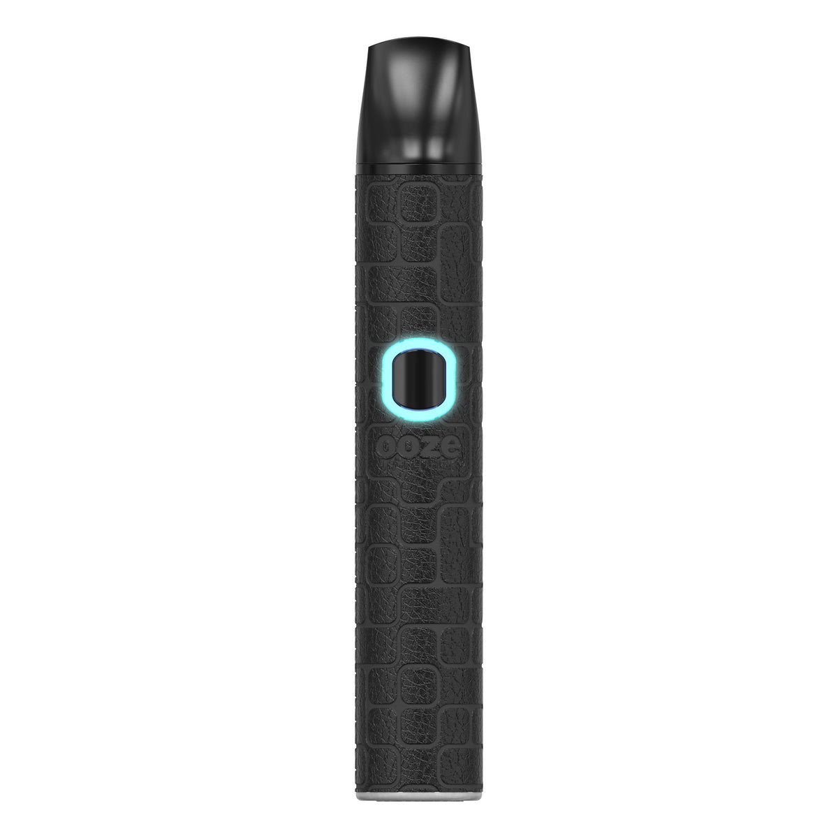 Black vape dry herb pen with a glowing blue circle on a white background