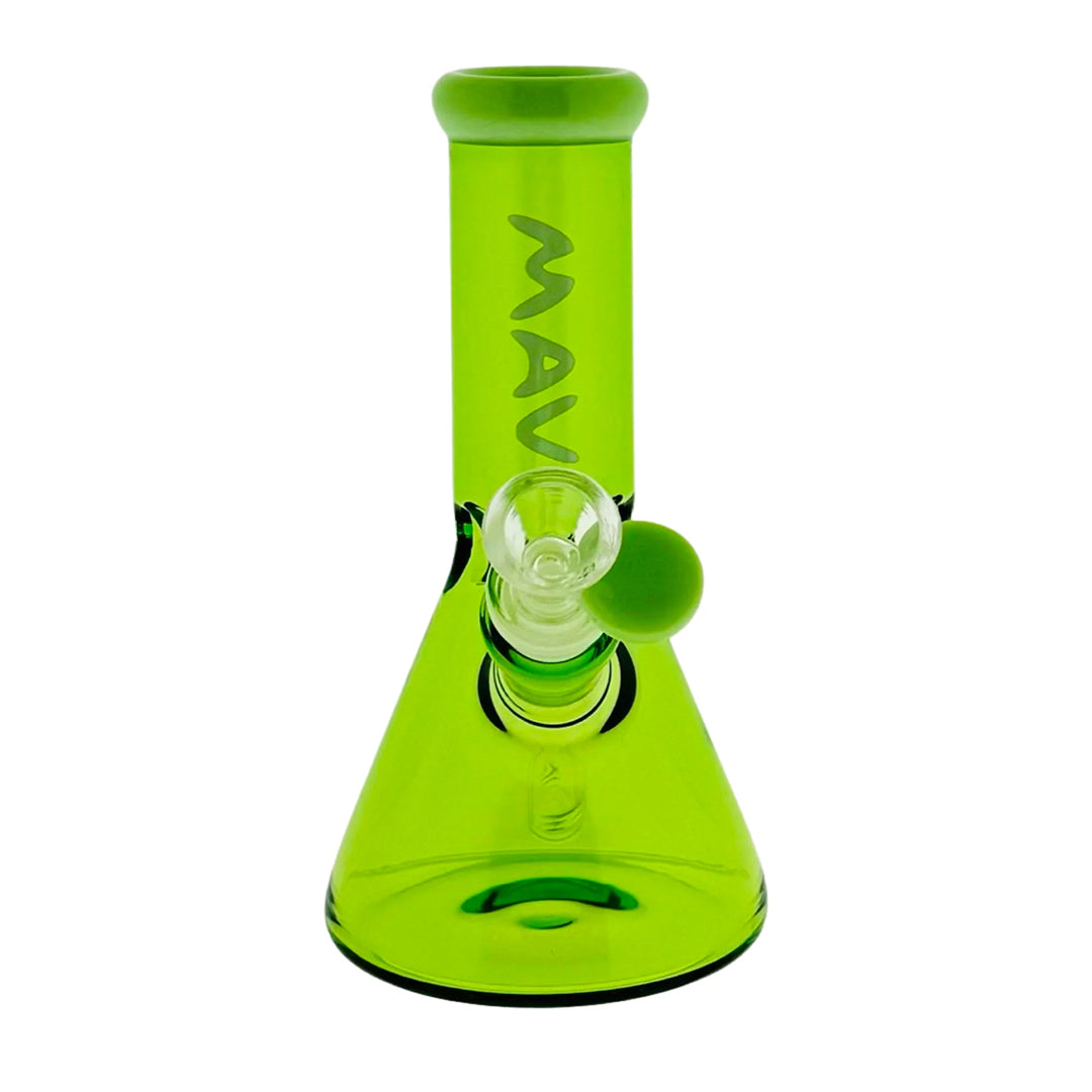 Green glass water pipe with 'MAV' branding on a white background