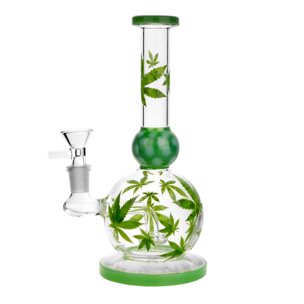Glass Bong  with cannabis leaf designs on a white background