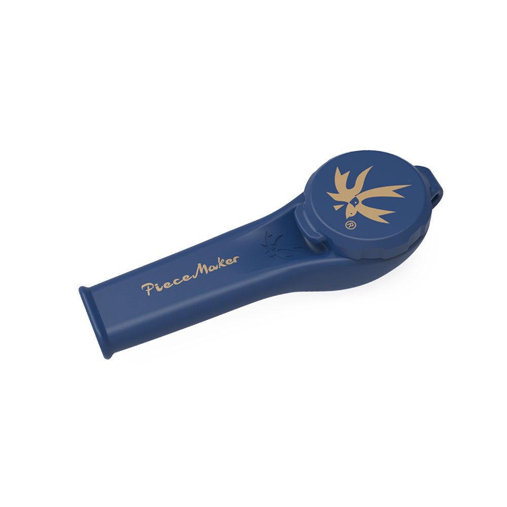 Blue Piecemaker pipe with gold logo and text on a white background