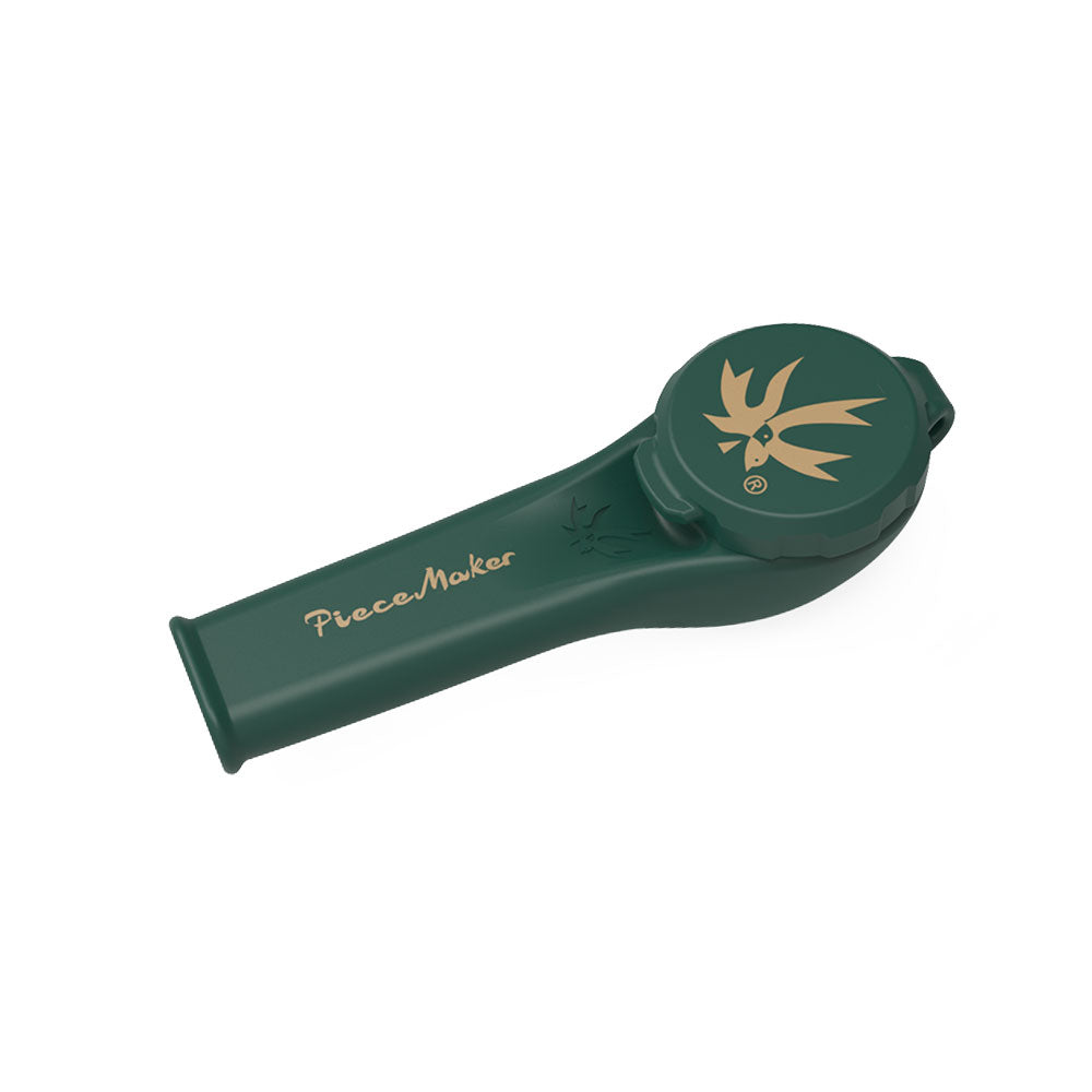 Green silicone pipe with gold text and logo on a white background