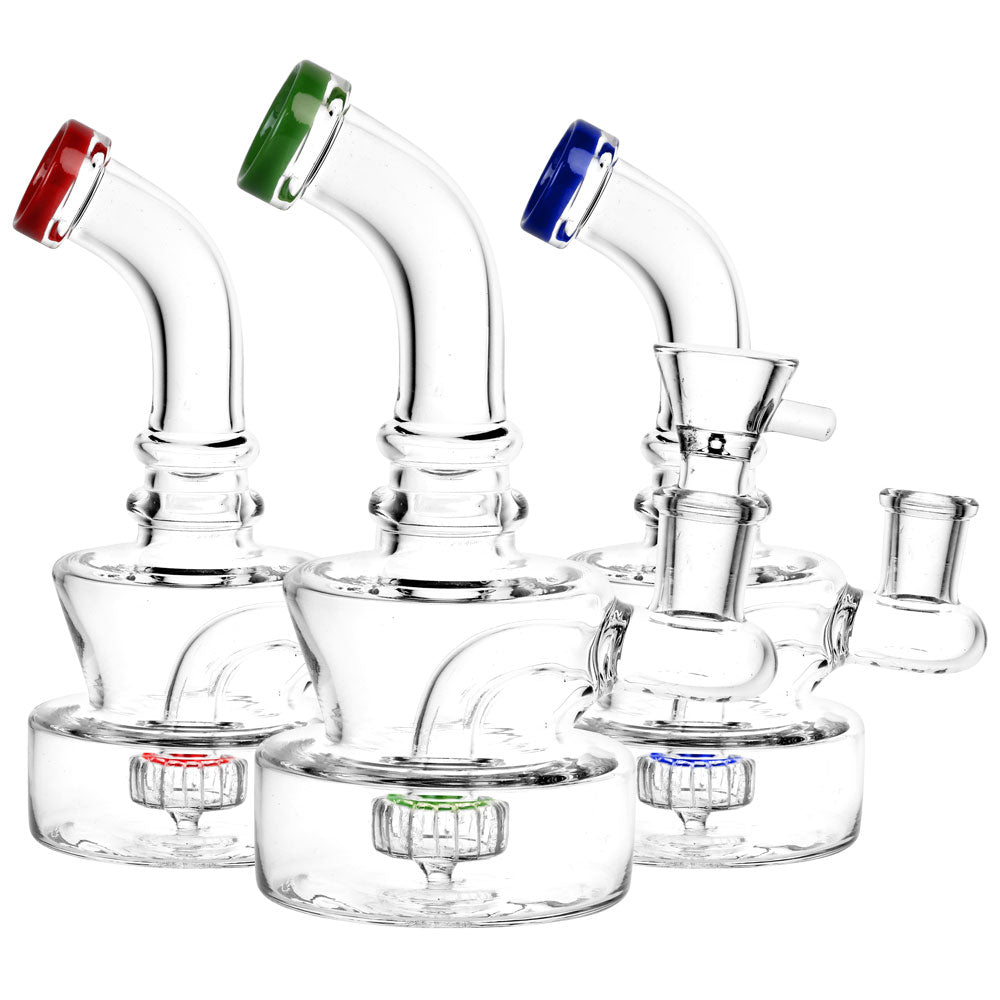 Set of clear glass Mini Bongs with colored bowls on a white background