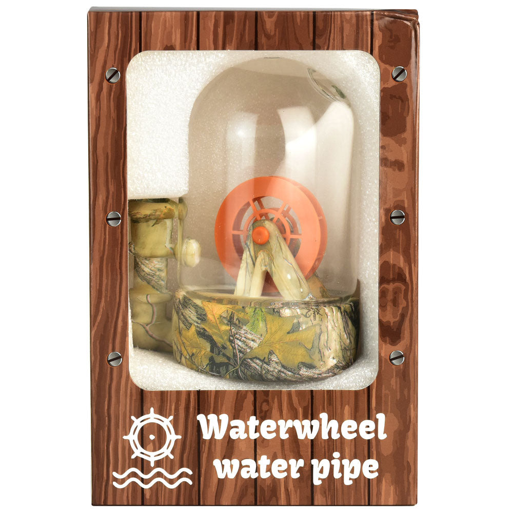 Wooden box with a waterwheel water pipe inside, featuring a wooden frame and glass cover.