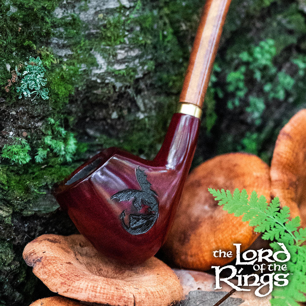 Wooden pipe with 'The Lord of the Rings' branding on a natural background