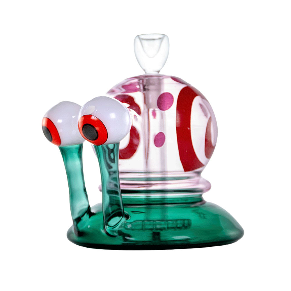 Glass Bong designed like a snail with googly eyes and red and white striped design on a white background