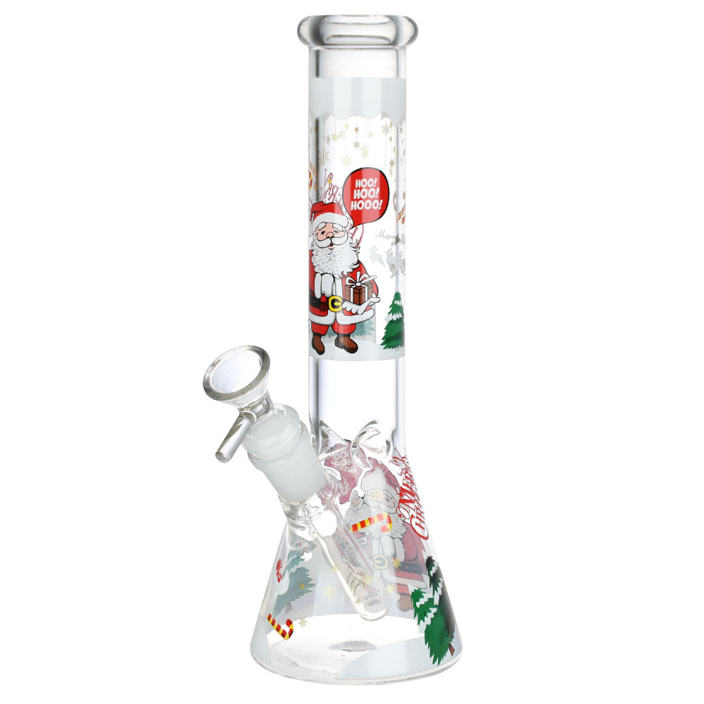 Glass bong with Christmas-themed decorations on a white background