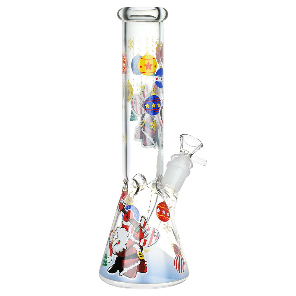 Decorative glass beaker water pipe with colorful Christmas designs on a white background