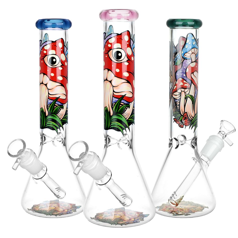 Three glass bongs with colorful Mushrooms designs on a white background