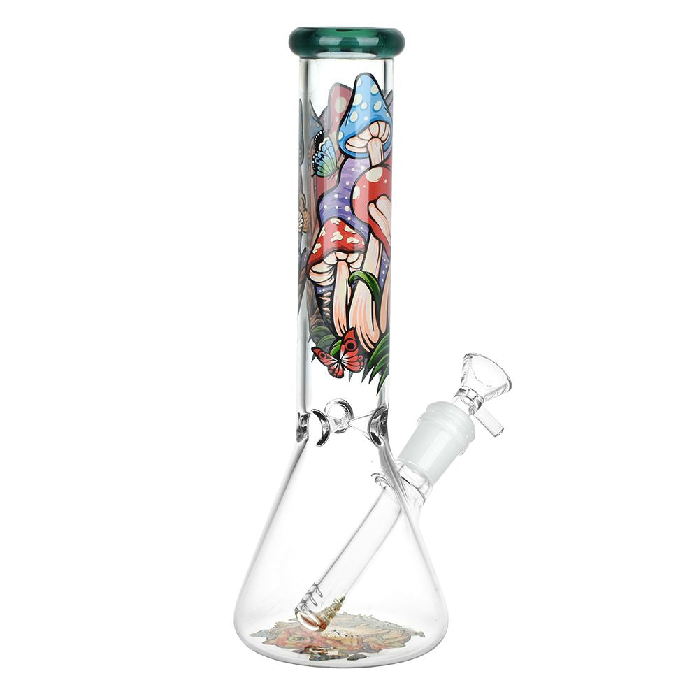 Glass smoking device with colorful mushroom design on a white background
