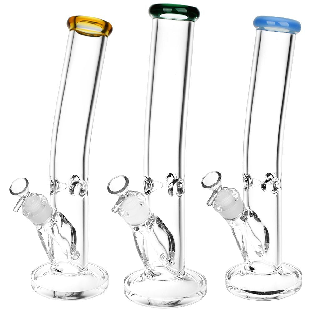 Three glass smoking devices with colored tops on a white background