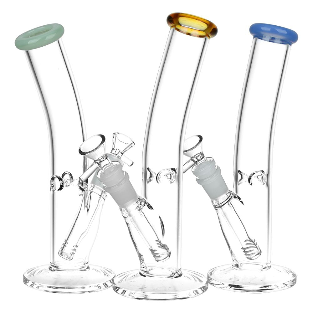 Three glass bongs with colored top pieces on a white background