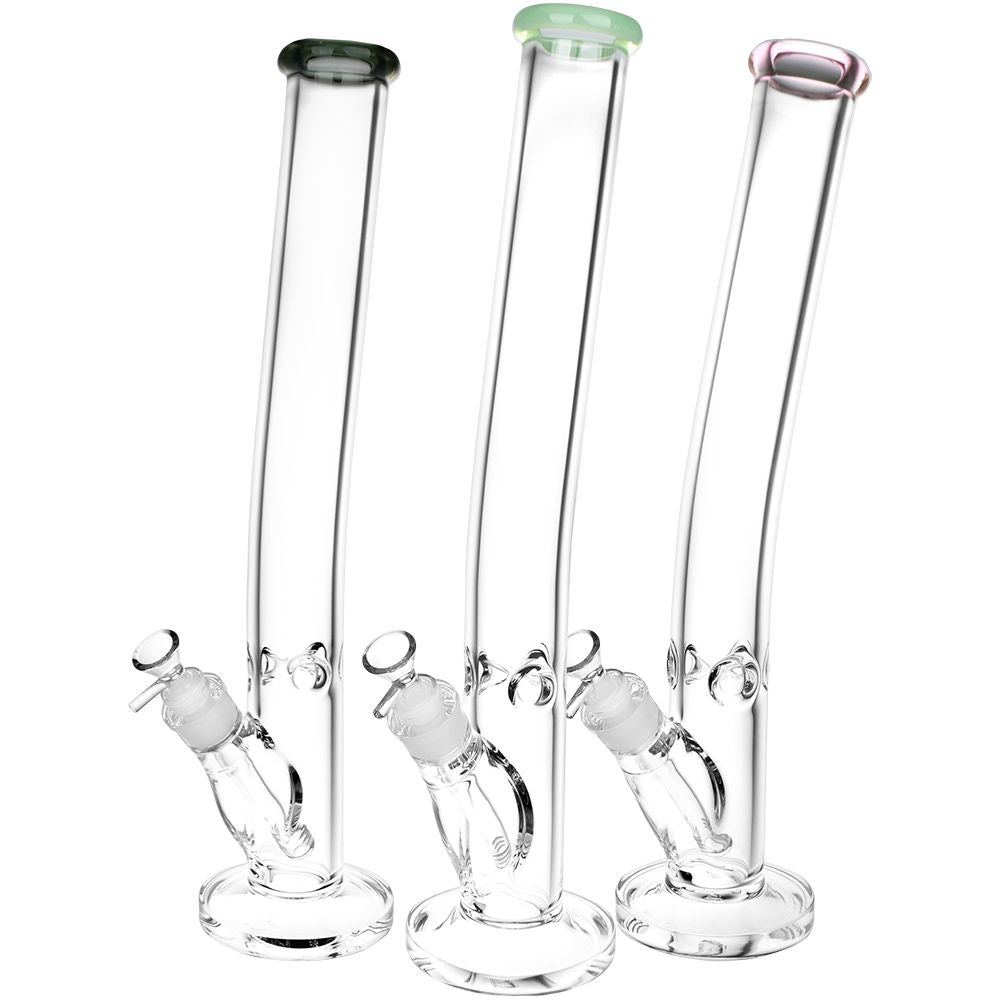 Three glass straight tube bongs with different colored tops on a white background