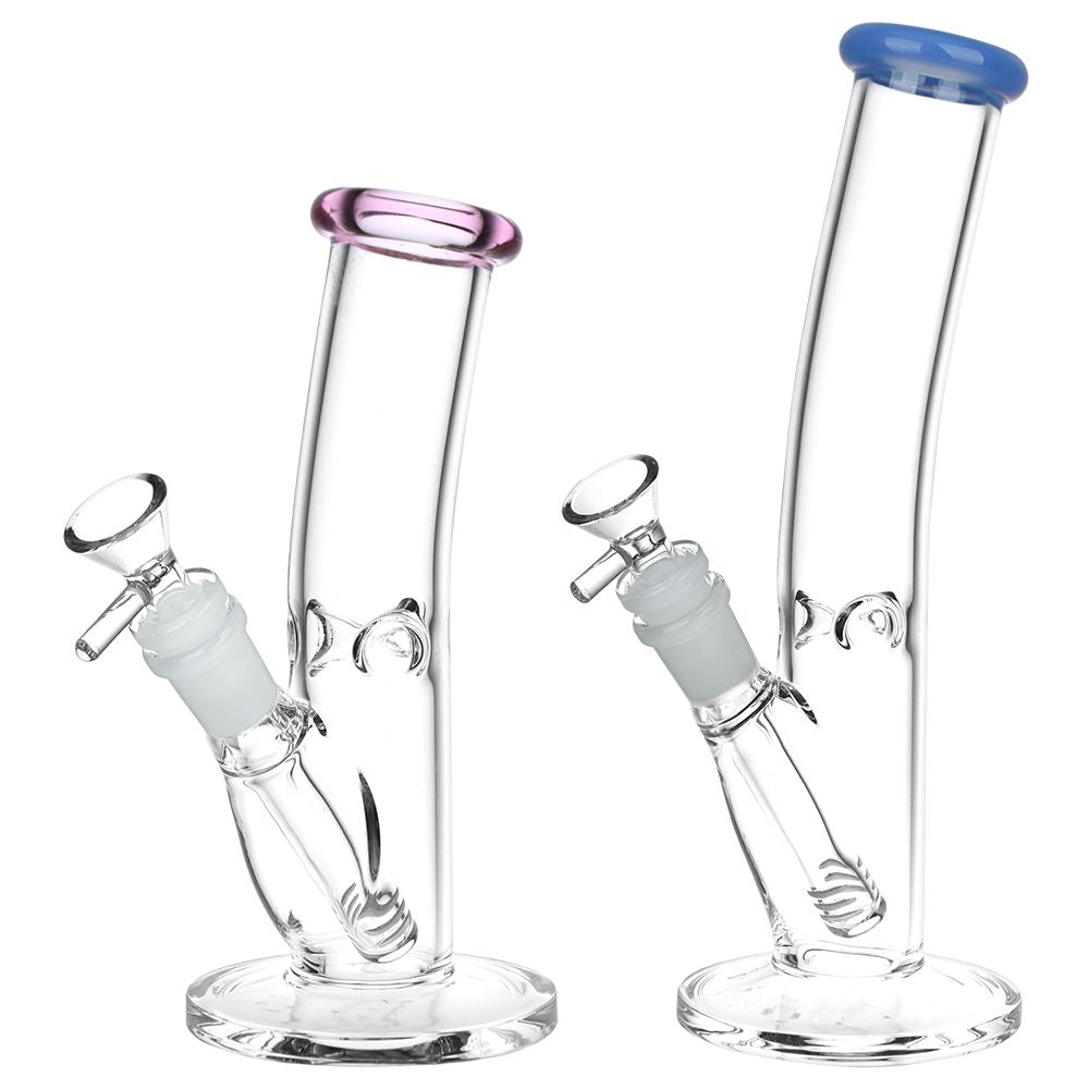 Two glass water pipes with different colored tops on a white background