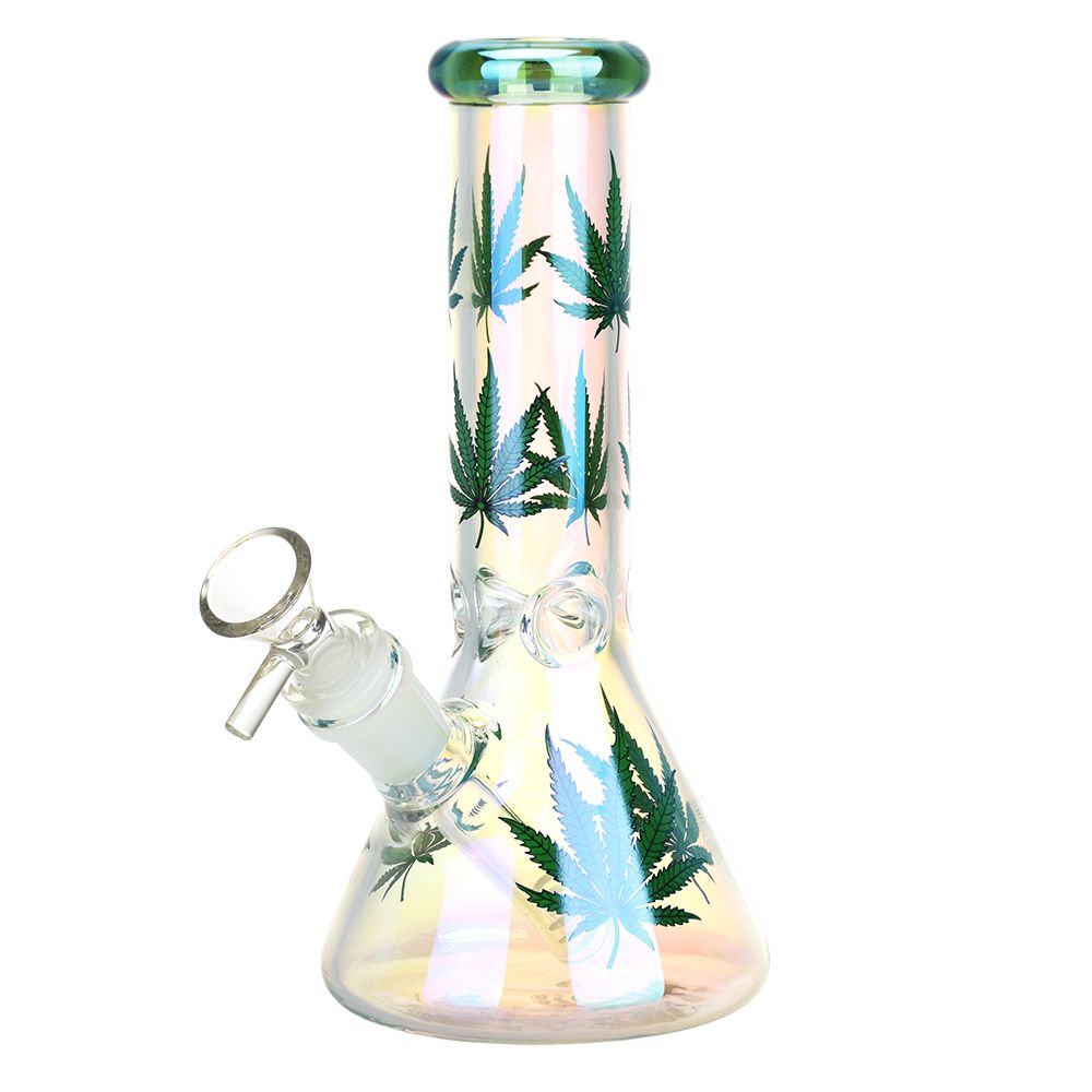 Realistic Hemp Leaf Electroplated Beaker Glass Bong - 8 IN