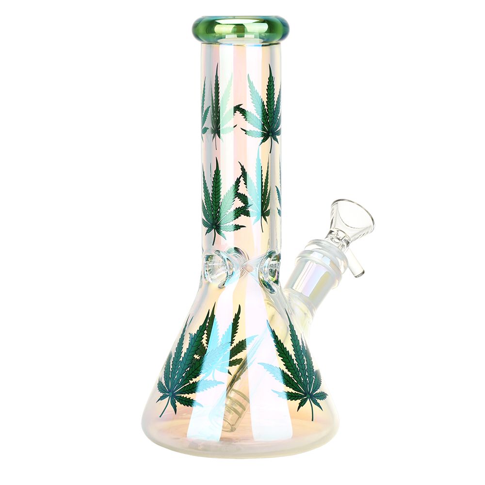 Realistic Hemp Leaf Electroplated Beaker Glass Bong - 8 IN