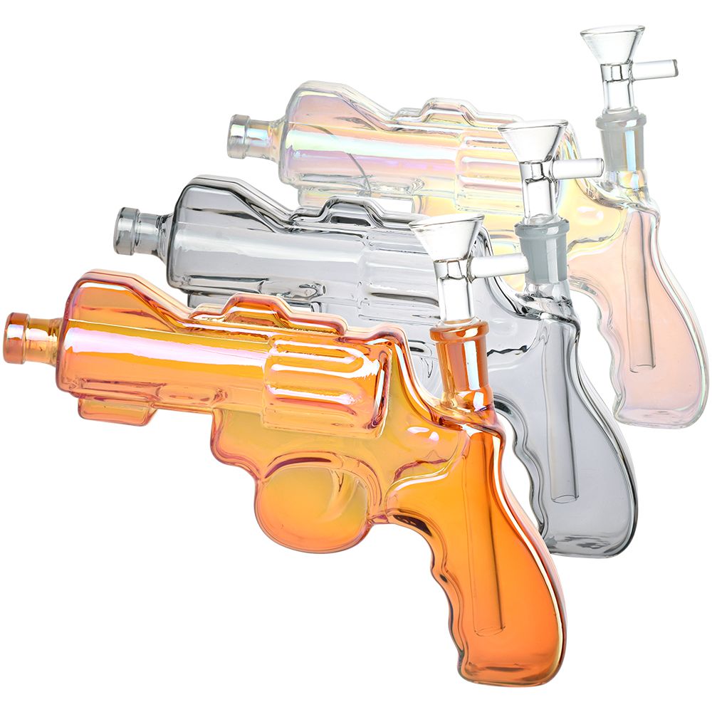 Revolver Handgun Electroplated Glass Bong - 8 IN