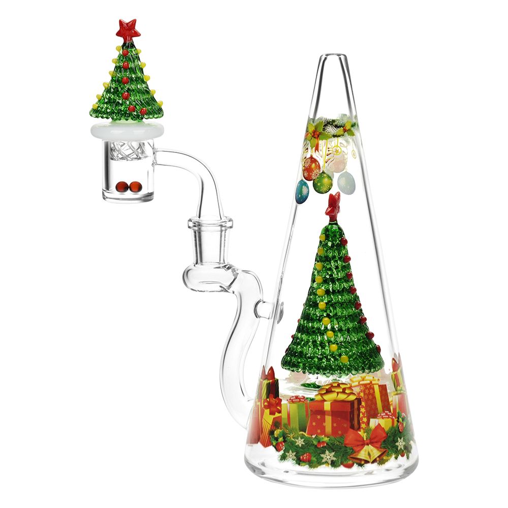 Glass dab rig device with Christmas tree and gift design on a white background