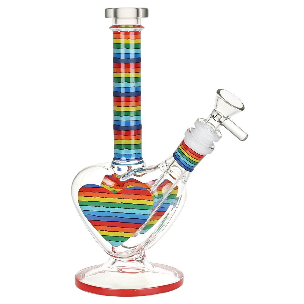 Rainbow Striped Heart Glass Water Pipe - 8.5&quot; IN