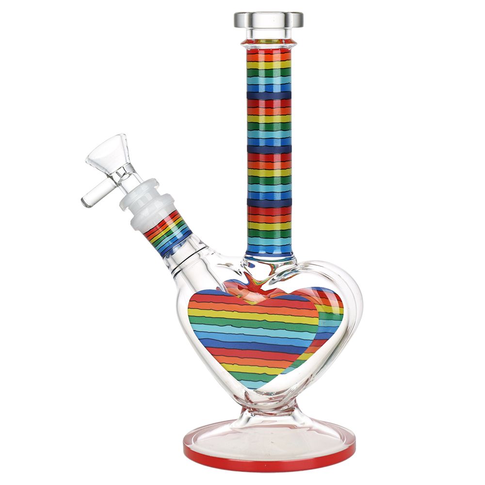 Rainbow Striped Heart Glass Water Pipe - 8.5&quot; IN