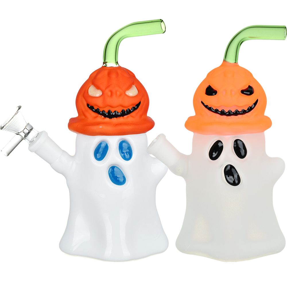 Pumpkin Head Ghost Glow In The Dark Glass Water Pipe - 7.25&quot;