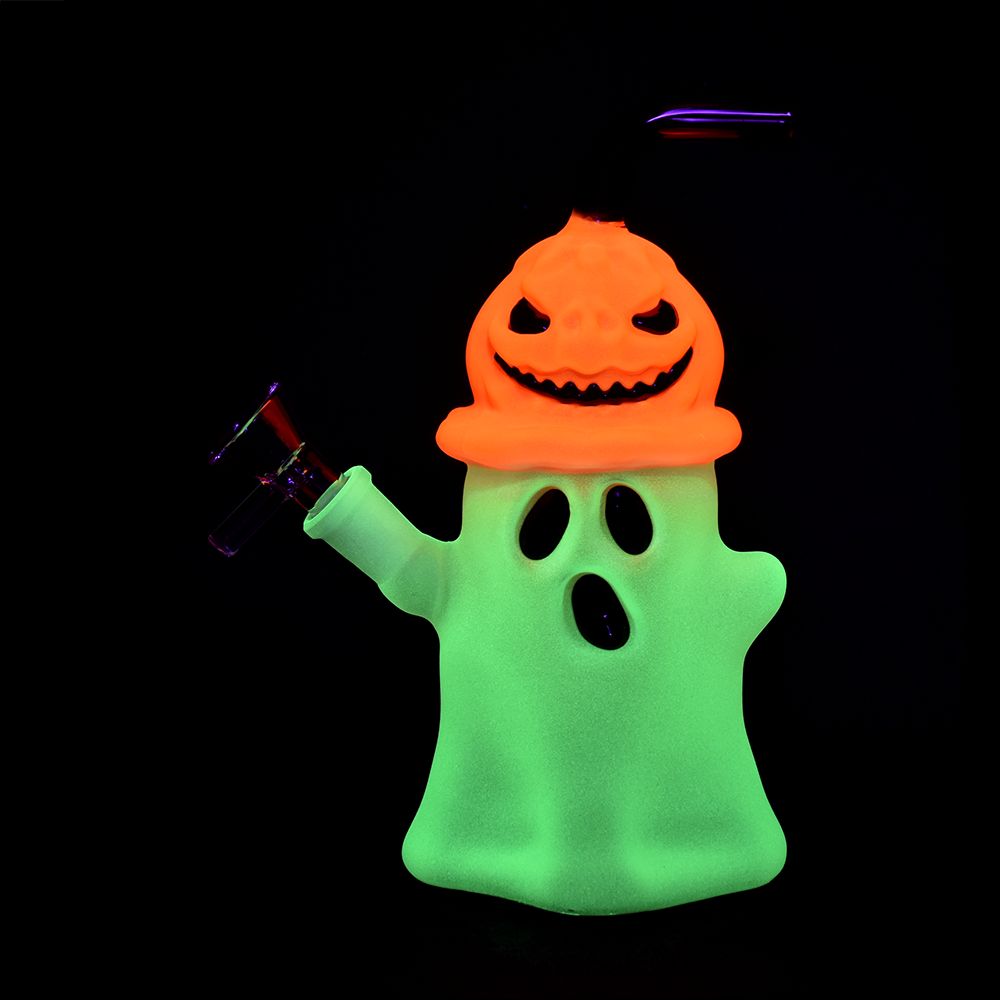 Pumpkin Head Ghost Glow In The Dark Glass Water Pipe - 7.25&quot;