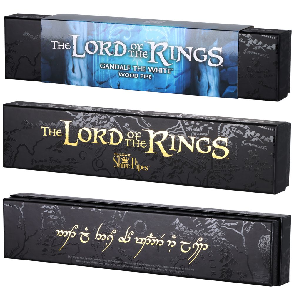 Three packaging boxes for 'The Lord of the Rings' Gandalf the White Wood Pipe on a white background.