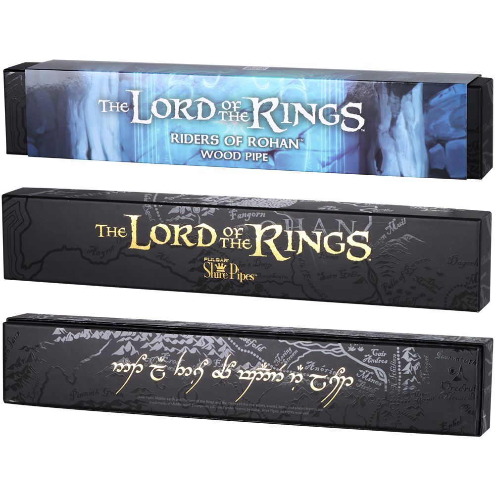 Three packaging boxes for 'The Lord of the Rings' wood pipes on a white background.