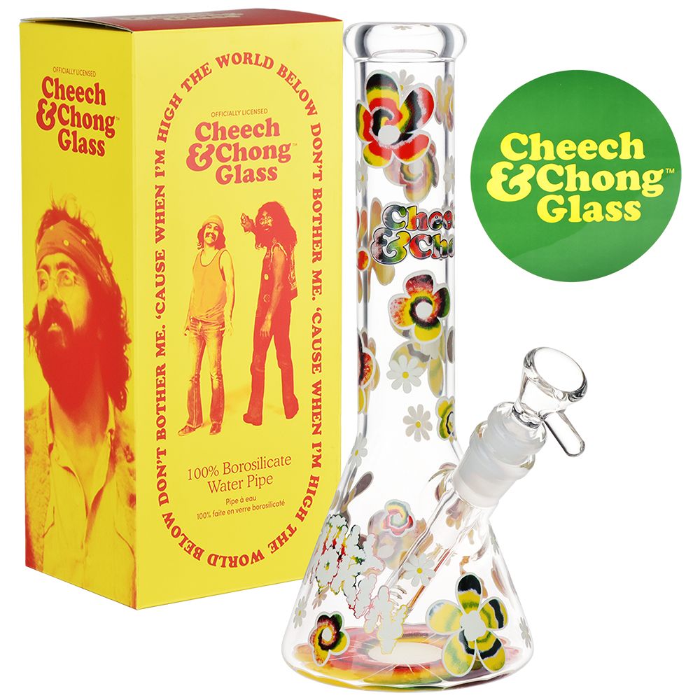 Glass water pipe with colorful designs and 'Cheech & Chong Glass' branding, next to a yellow box with the brand's logo.