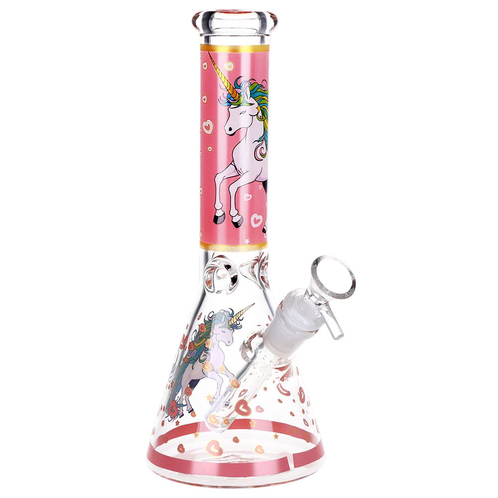 Glass bong with unicorn design on a pink background