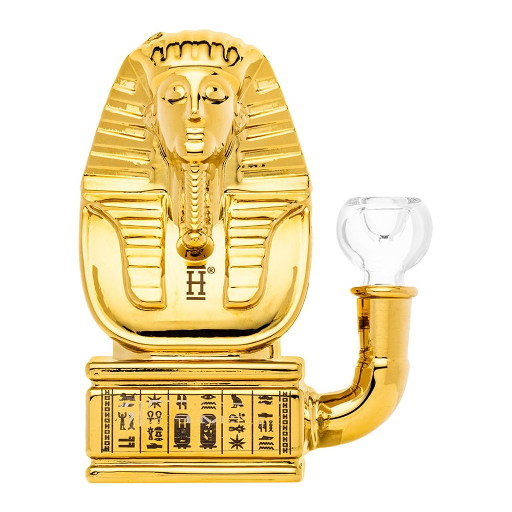 Gold pharaoh-shaped water pipe with a glass bowl on a white background