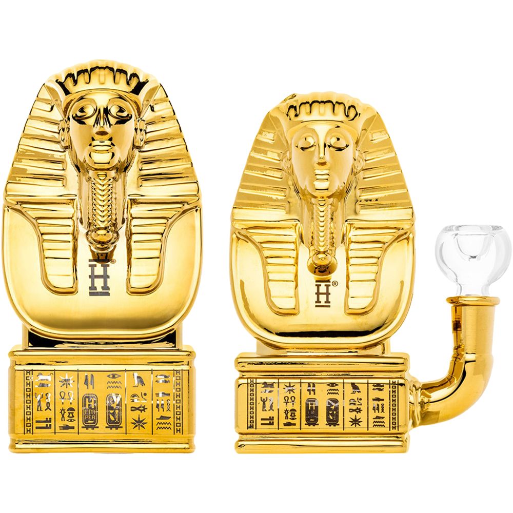 2 Sizes Gold sphinx-shaped Egyptian Glass Bongs on a white background