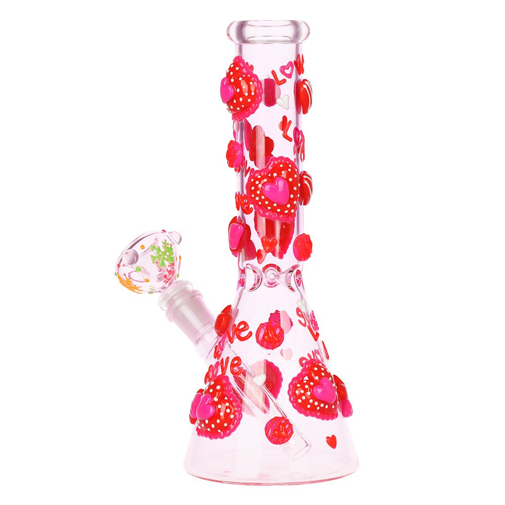 Glass Bong smoking device with red and pink heart designs on a white background