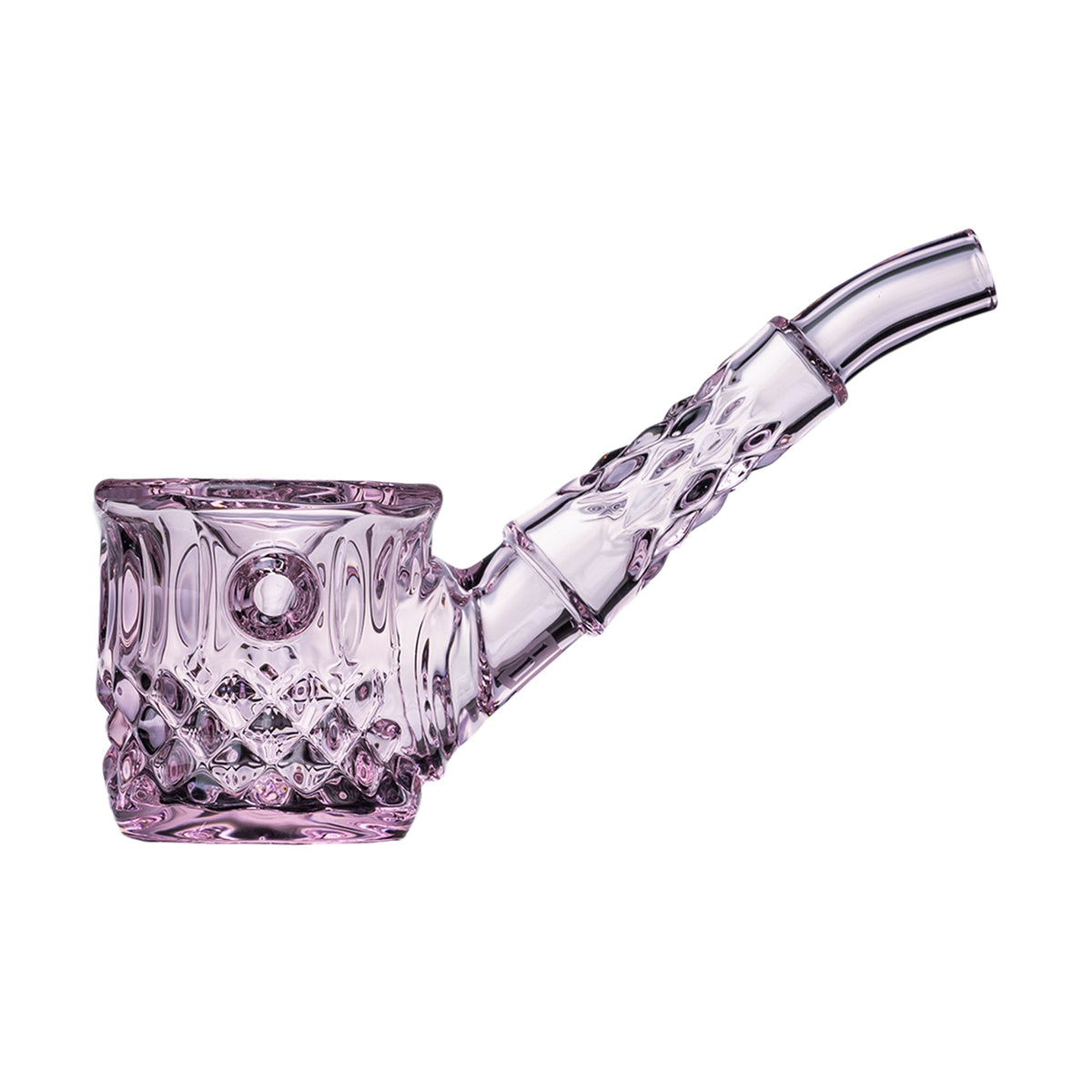 Pink glass pipe with a textured design on a white background