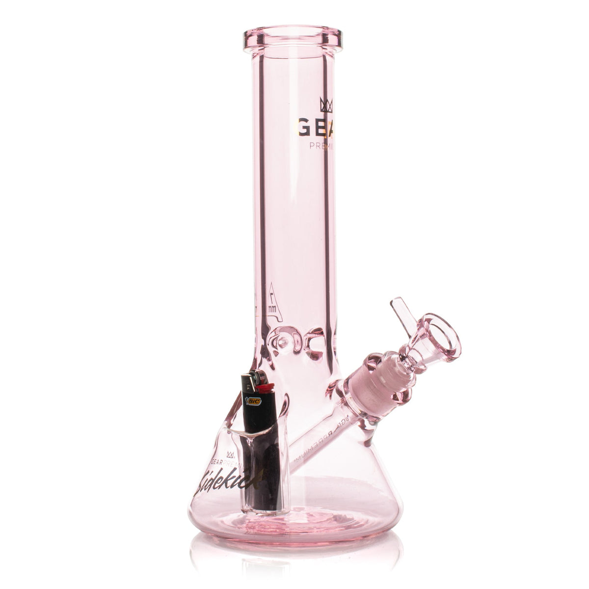 Pink glass water pipe with a black lighter pocket on a white background