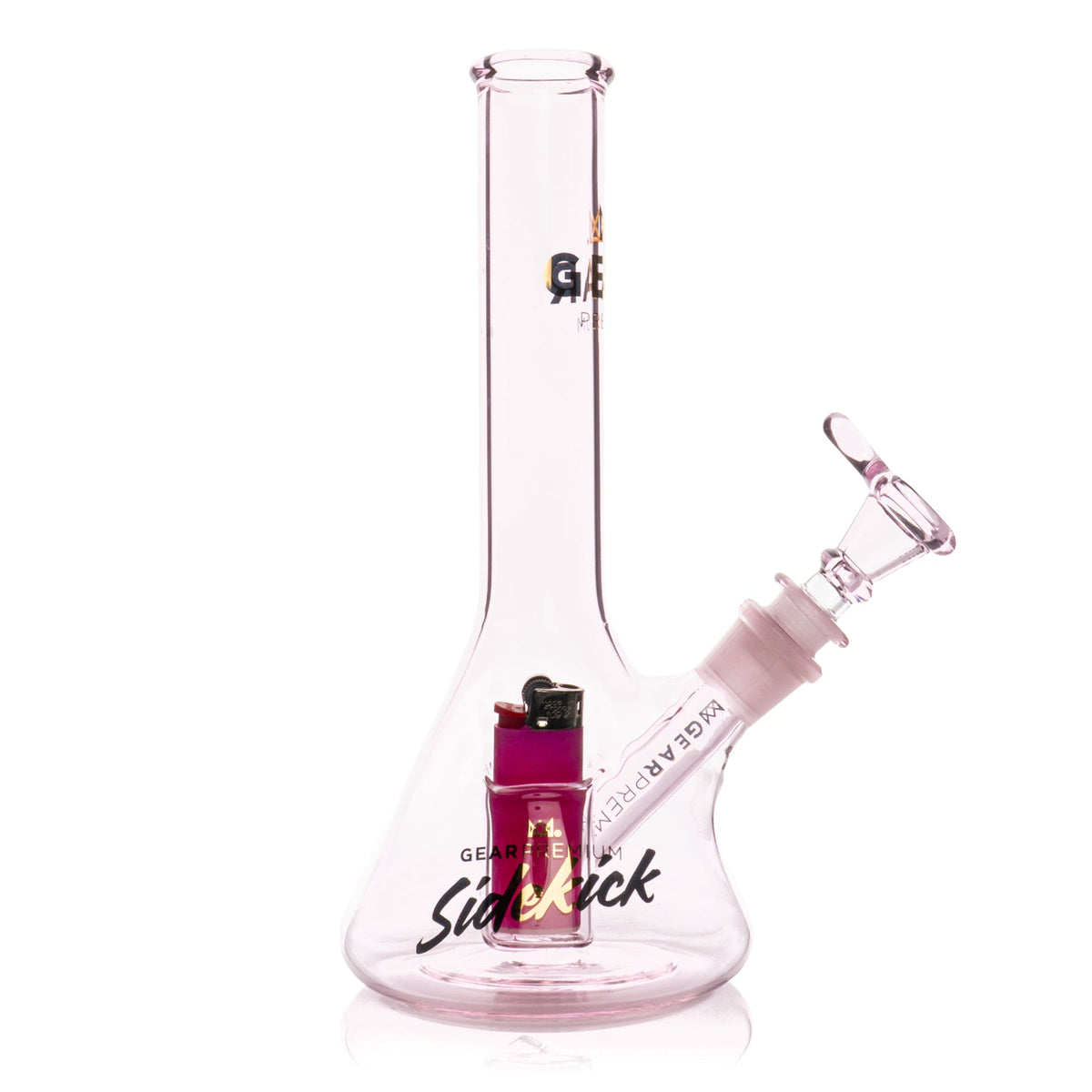 Glass water pipe with a pink accent and lighter inside on a white background