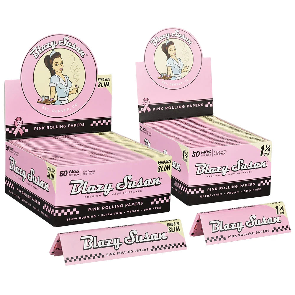 two blazy susan pink papers boxes one king size and the other 1 1/4 size on a white background 