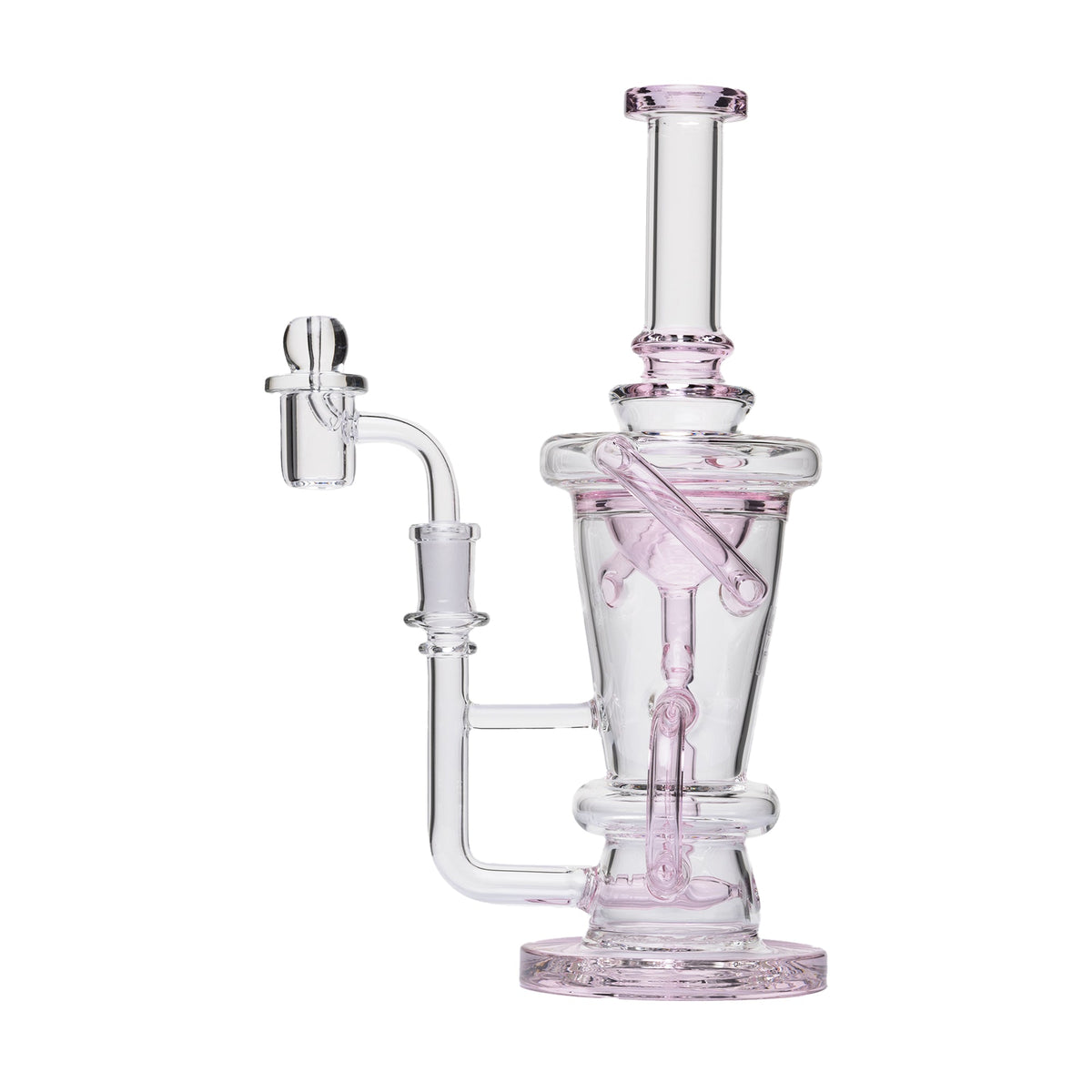 Clear glass Recycler Dab Rig with pink accents on a white background