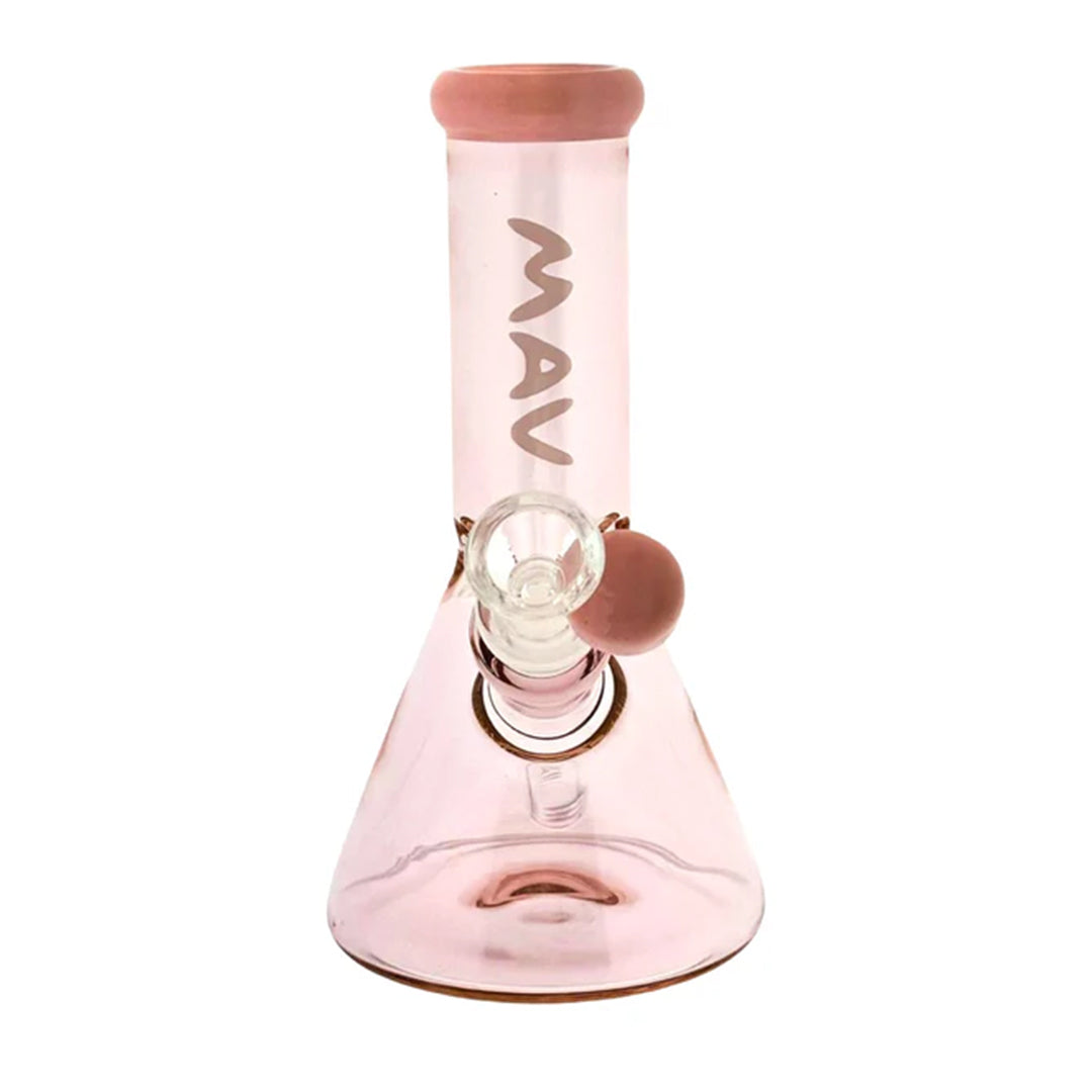 Pink glass mini water pipe with brown accents on a white background