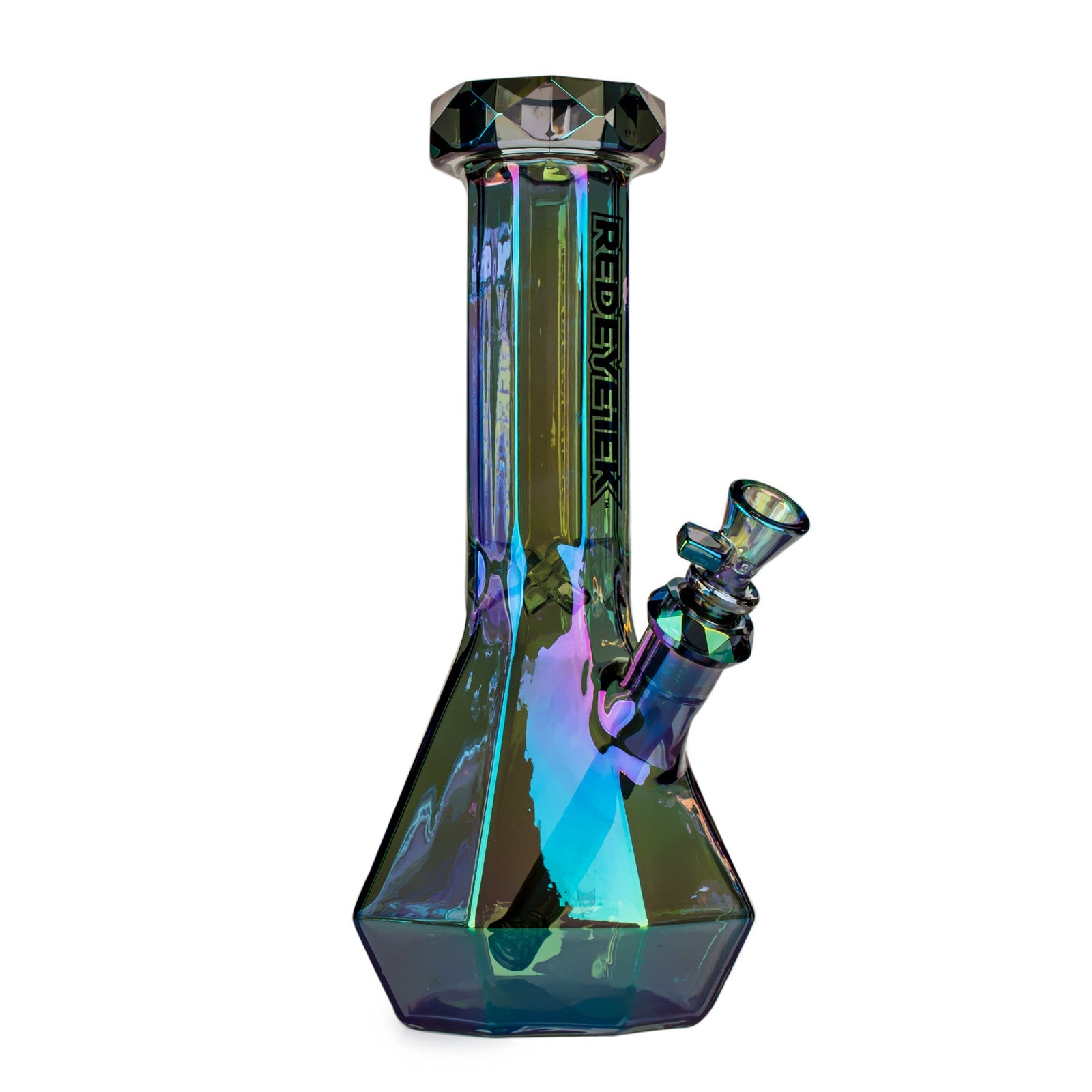 Multicolored Red eye Tek  glass water pipe with geometric design on a white background