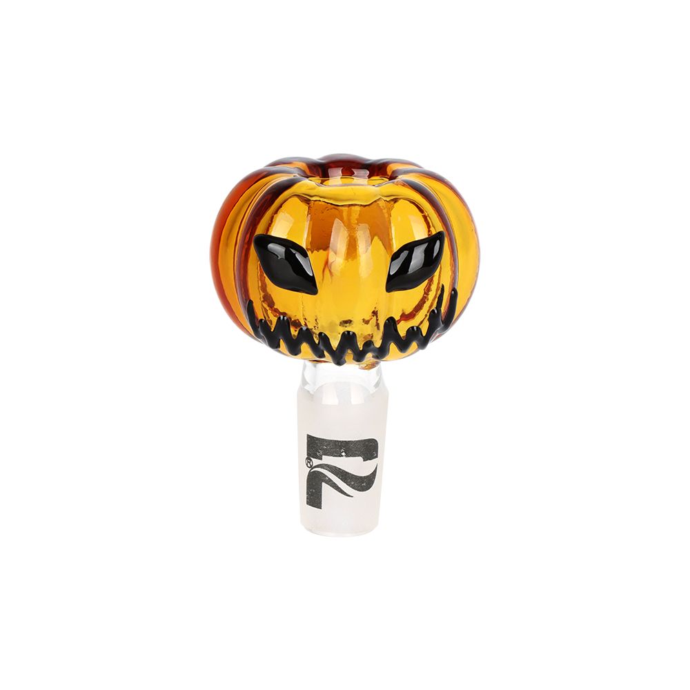 A glass Bowl for Bong mouthpiece featuring a carved jack-o'-lantern pumpkin head in amber and orange tones with black eyes and a jagged mouth, mounted on a frosted white glass base with a black logo.