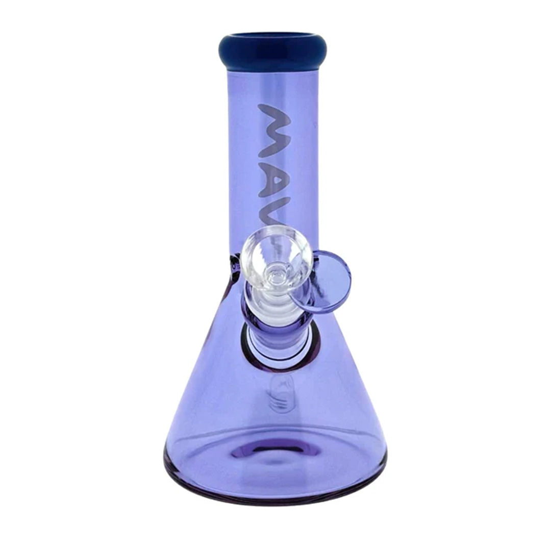 Purple glass mini bong with blue accent on a white background
