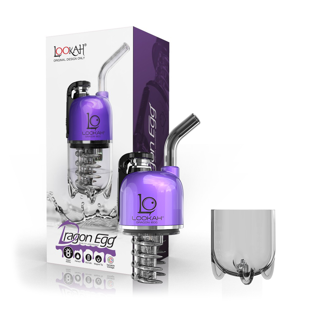 Purple and clear Lookah Dragon Egg Dab Rig vape pen with packaging on a white background