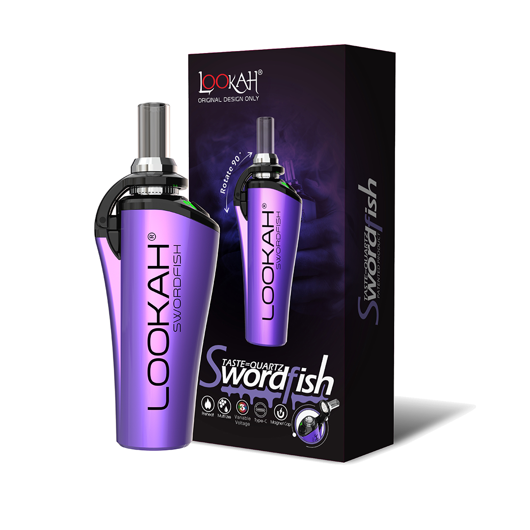 Purple Lookah Swordfish vape pen with packaging on a white background