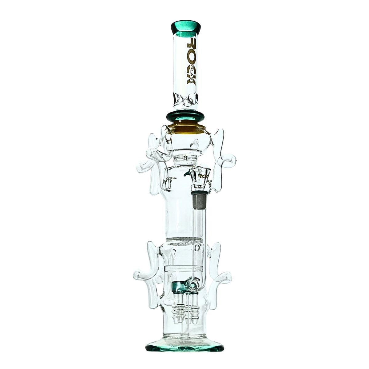 Glass water pipe with multiple chambers on a white background