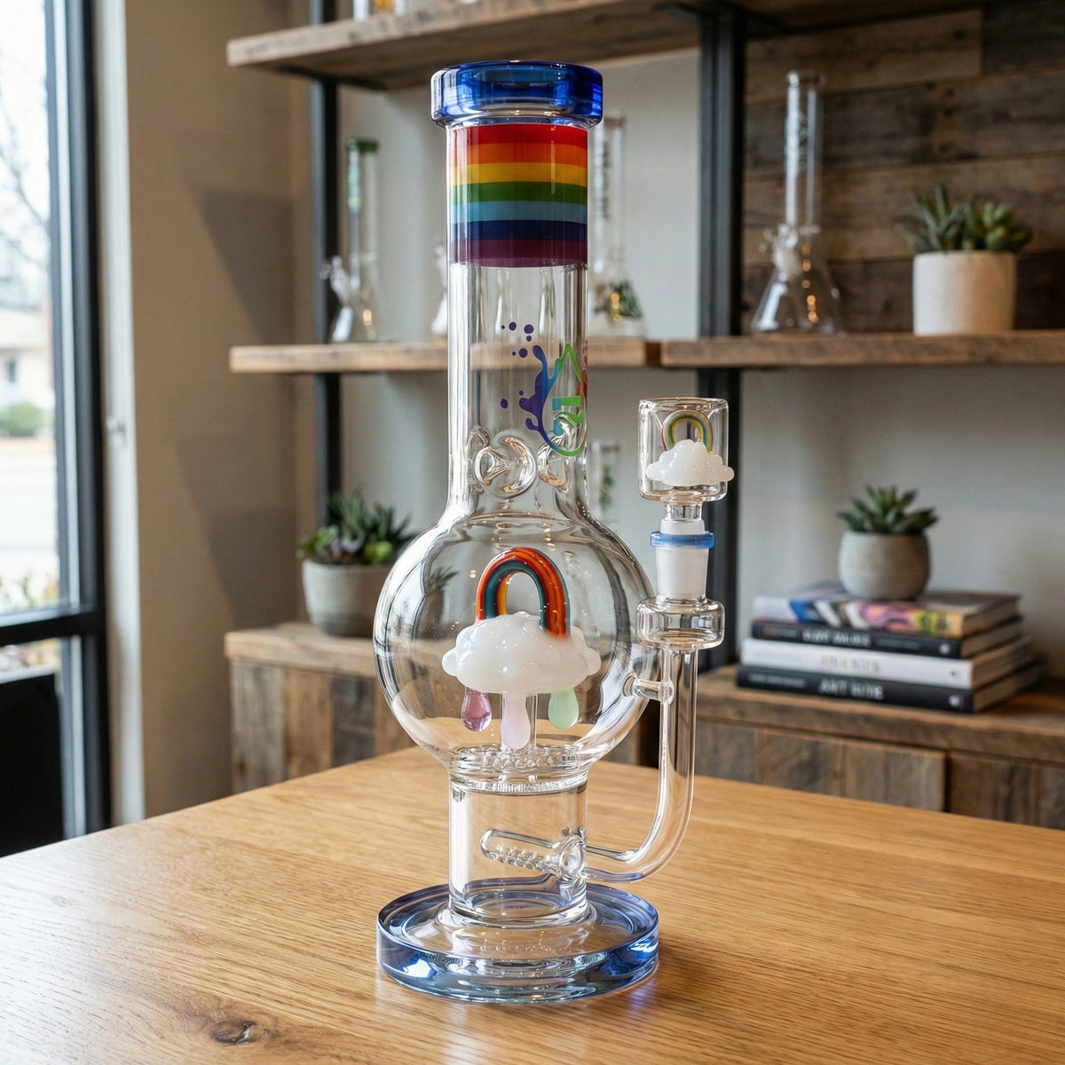 Glass Bong device with rainbow design on a wooden table