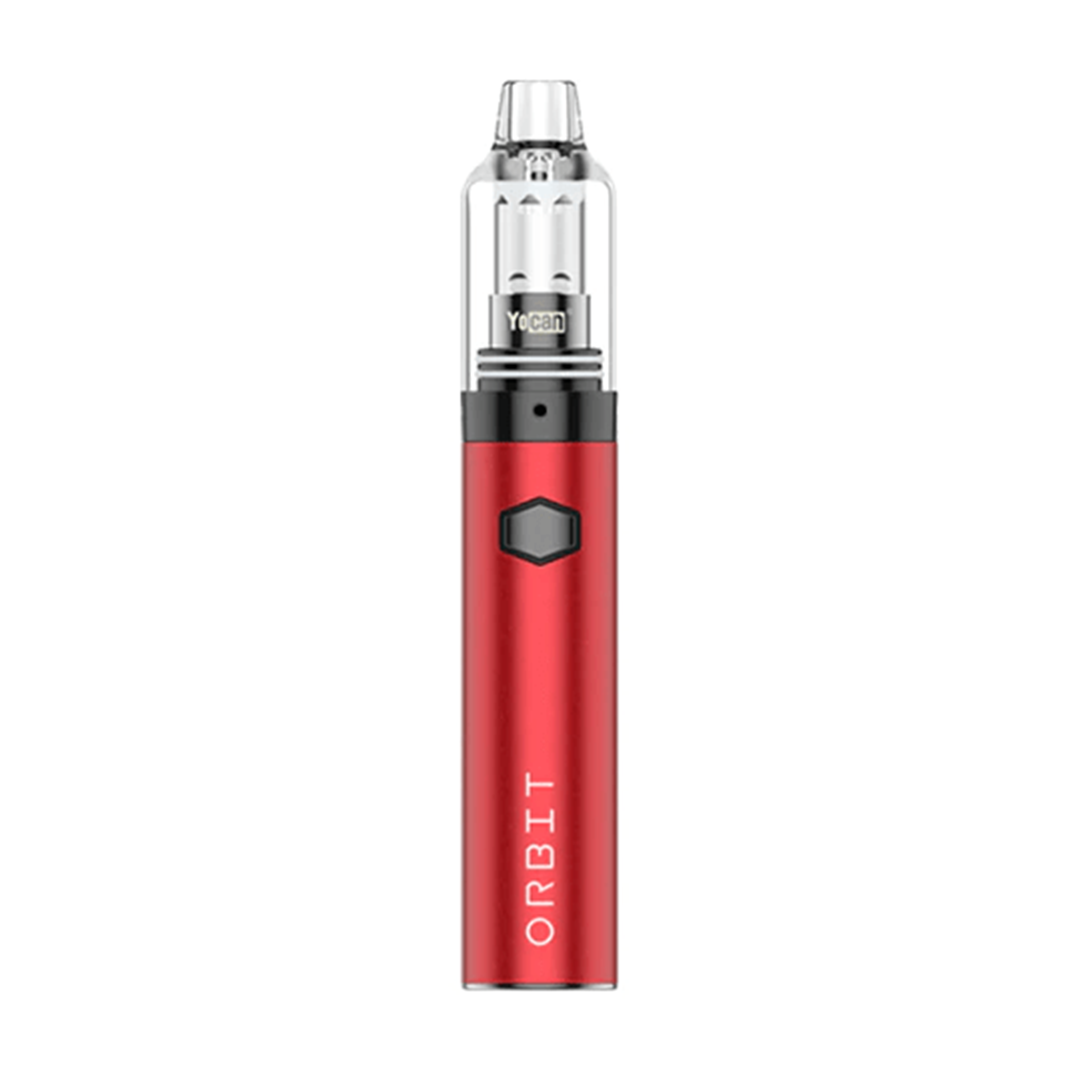 Red vape dab vaporizer with 'Orbit' branding on a white background