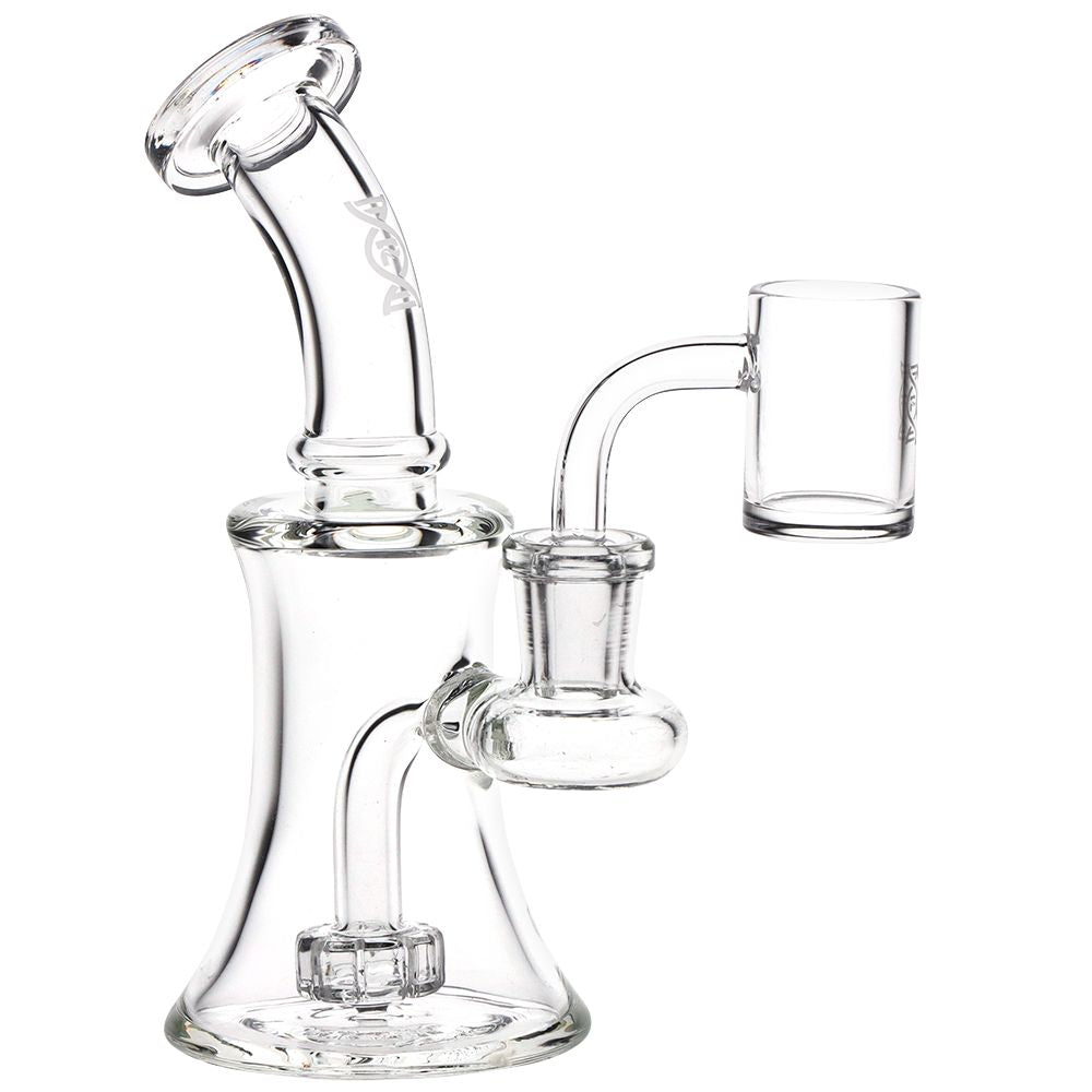 Clear glass water pipe with quartz banger on a white background